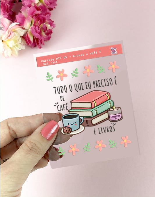 Cartela de Adesivo DTF UV Livros e Café