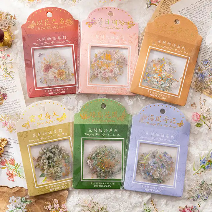 Adesivos Transparentes PET Flores com detalhes em dourado - 30 unidades