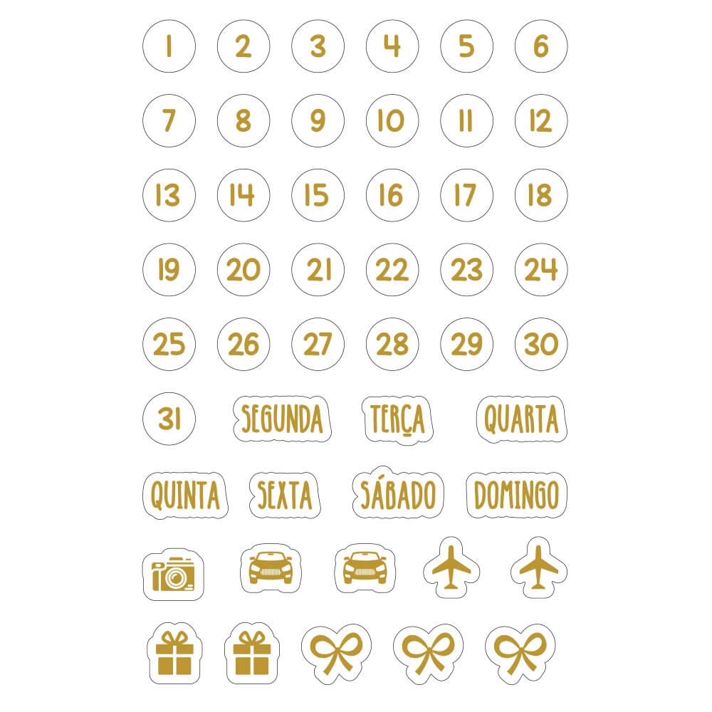 Cartela de Adesivo Dias para Planner Dourado
