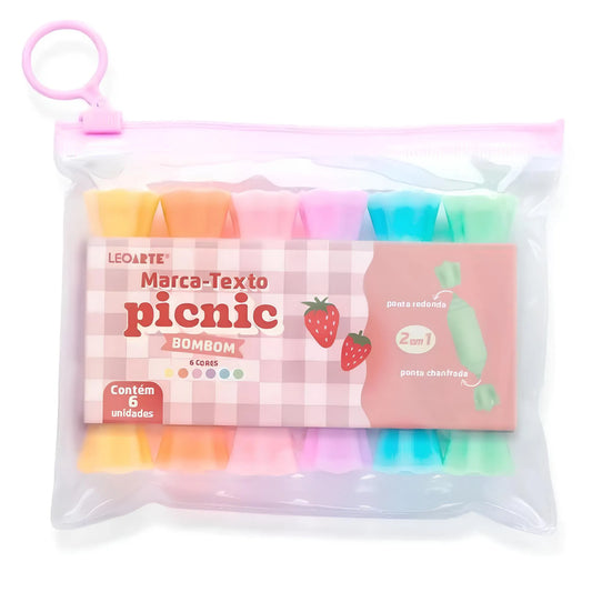 Kit 6 Mini Marca-Texto 2 em 1 Bombom Picnic - LeoLeo