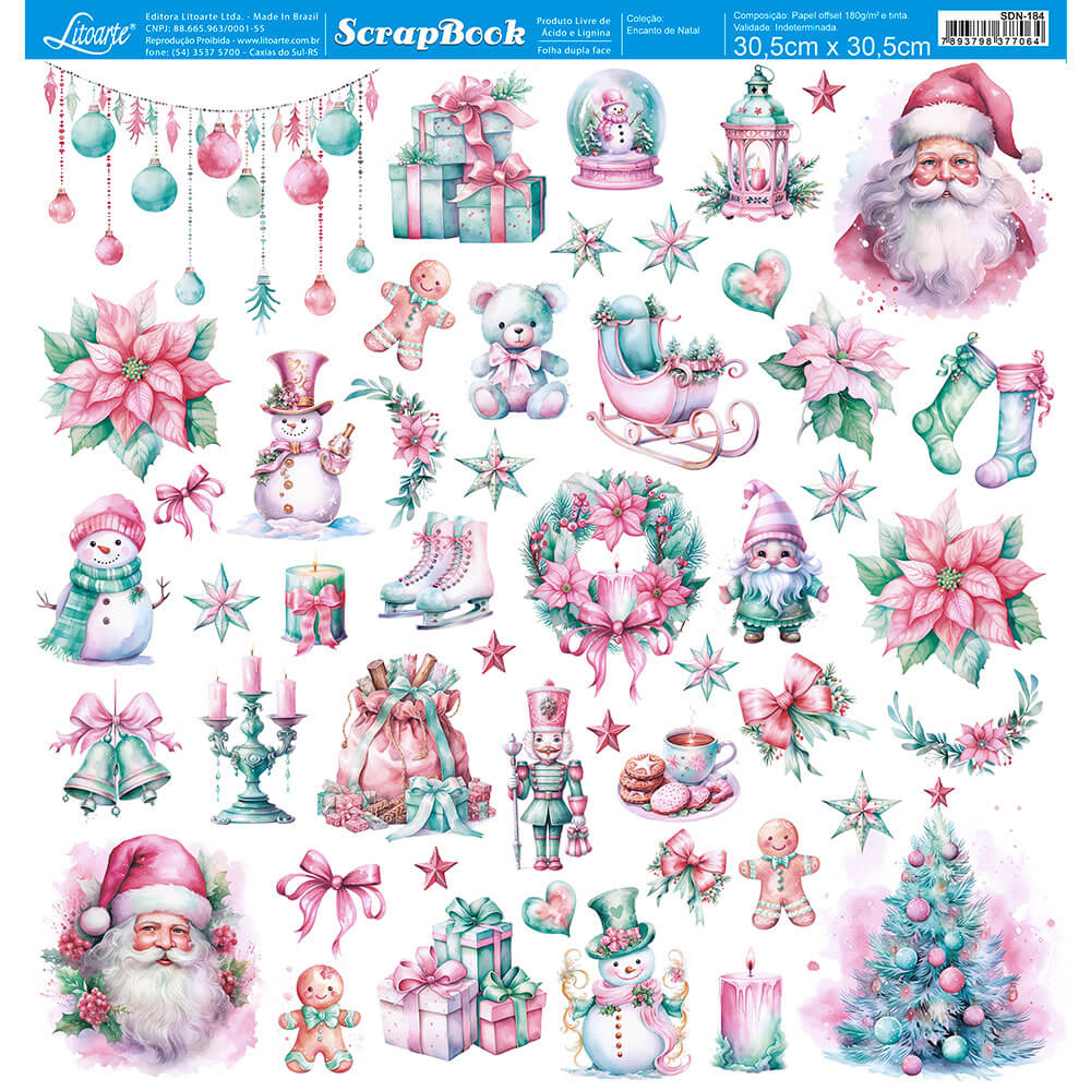 Papel Scrapbook Natal Encanto de Natal Litoarte 30,5x30,5 Dupla Face