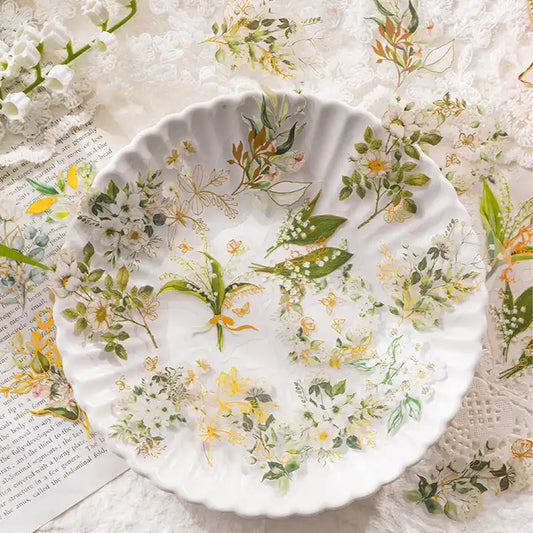 Adesivos Transparentes PET Flores com detalhes em dourado - 30 unidades