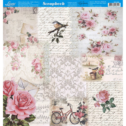 Folha scrap 30x30 Rosas, pássaro e bicicleta