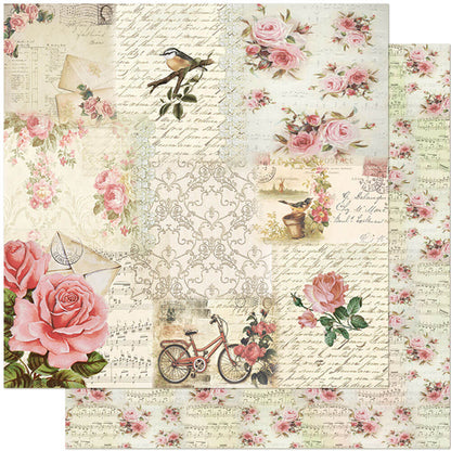 Folha scrap 30x30 Rosas, pássaro e bicicleta