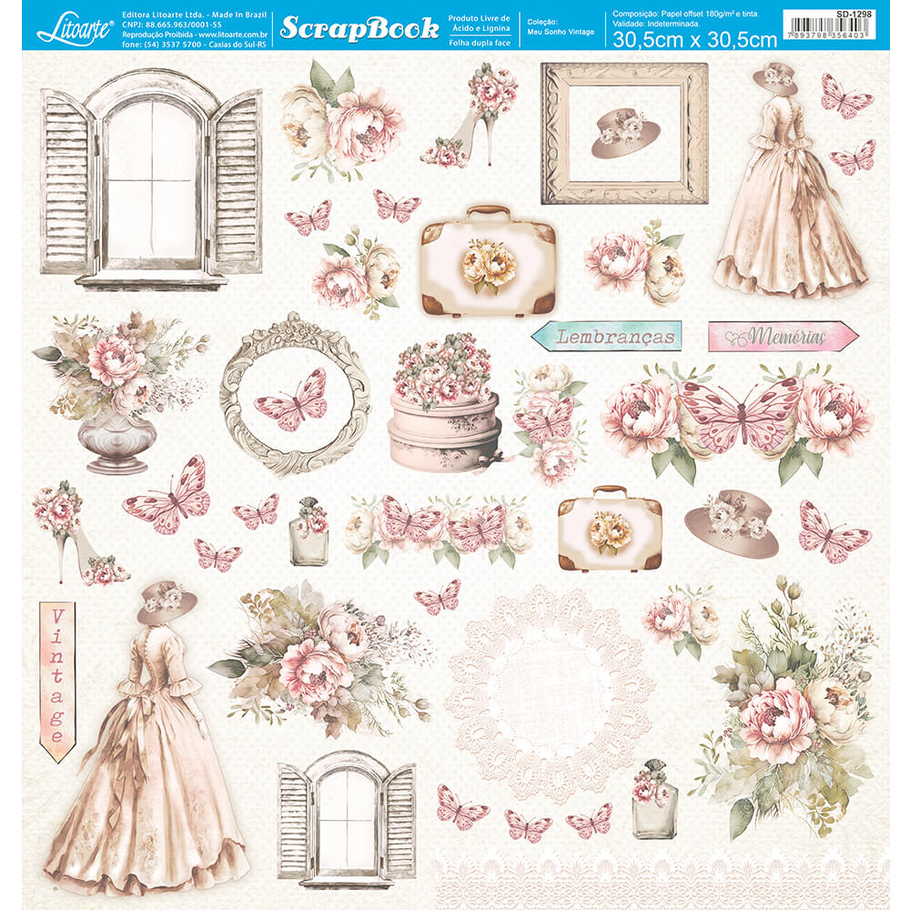 Papel Scrapbook Meu Sonho Vintage Litoarte 30,5x30,5 Dupla Face