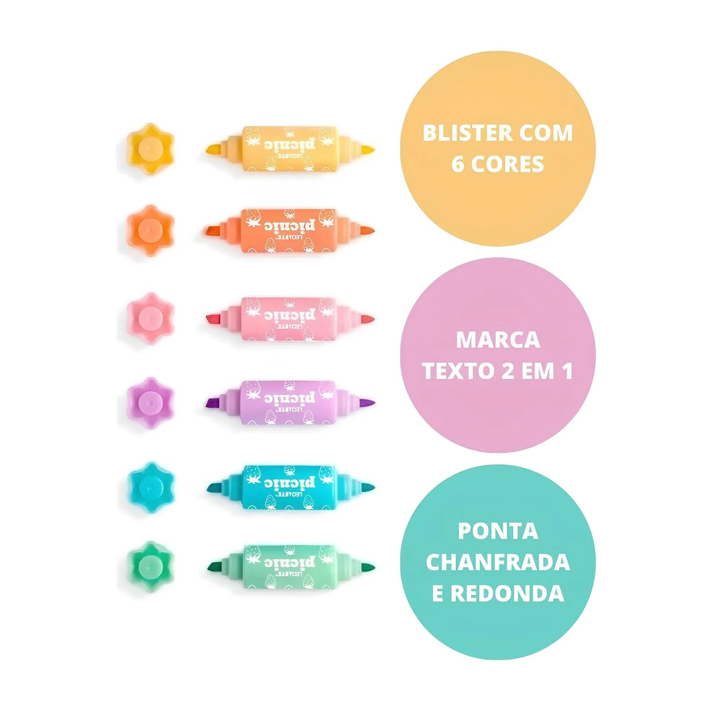 Kit 6 Mini Marca-Texto 2 em 1 Bombom Picnic - LeoLeo