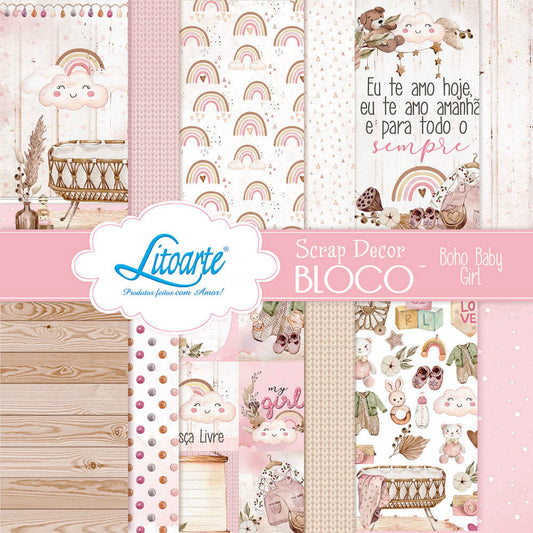 Bloco de Papel para Scrapbook Boho Baby Girl 15x15cm Litoarte