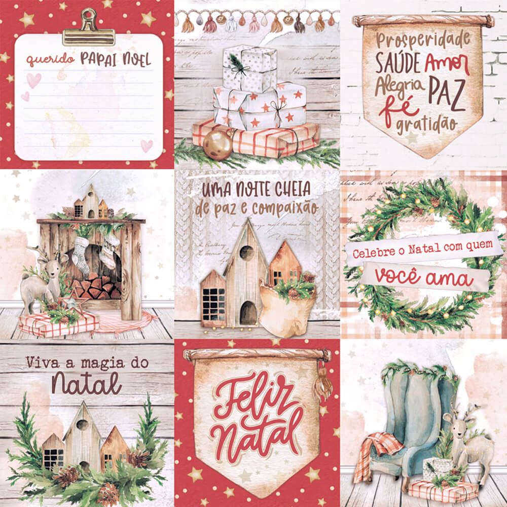 Bloco de Papel para Scrapbook Natal Boho 15x15cm Litoarte