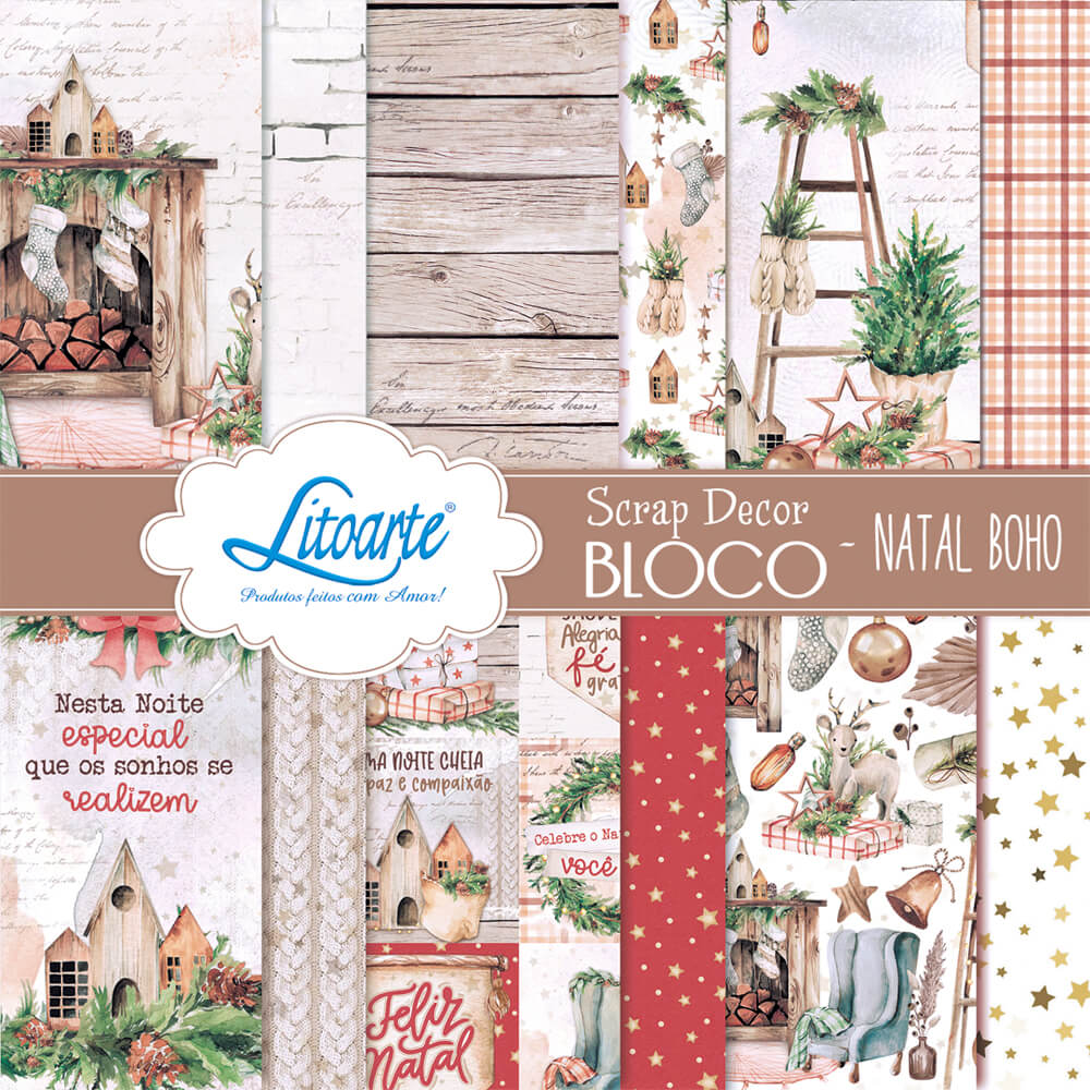 Bloco de Papel para Scrapbook Natal Boho 15x15cm Litoarte