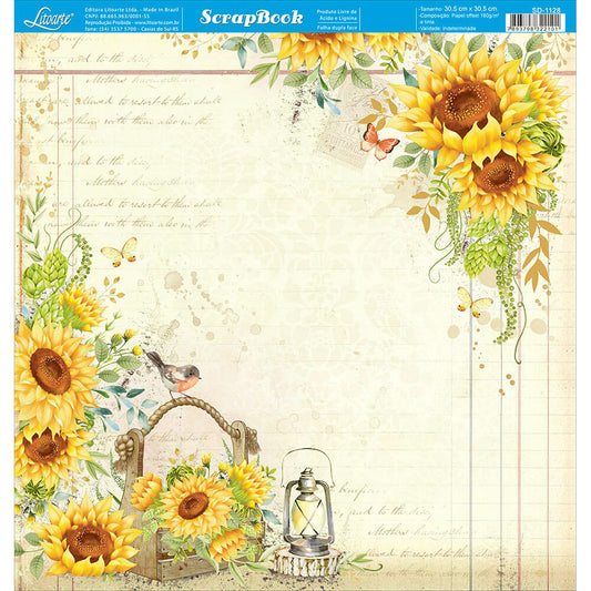 Papel Scrapbook Girassol Vintage Litoarte 30,5x30,5 Dupla Face